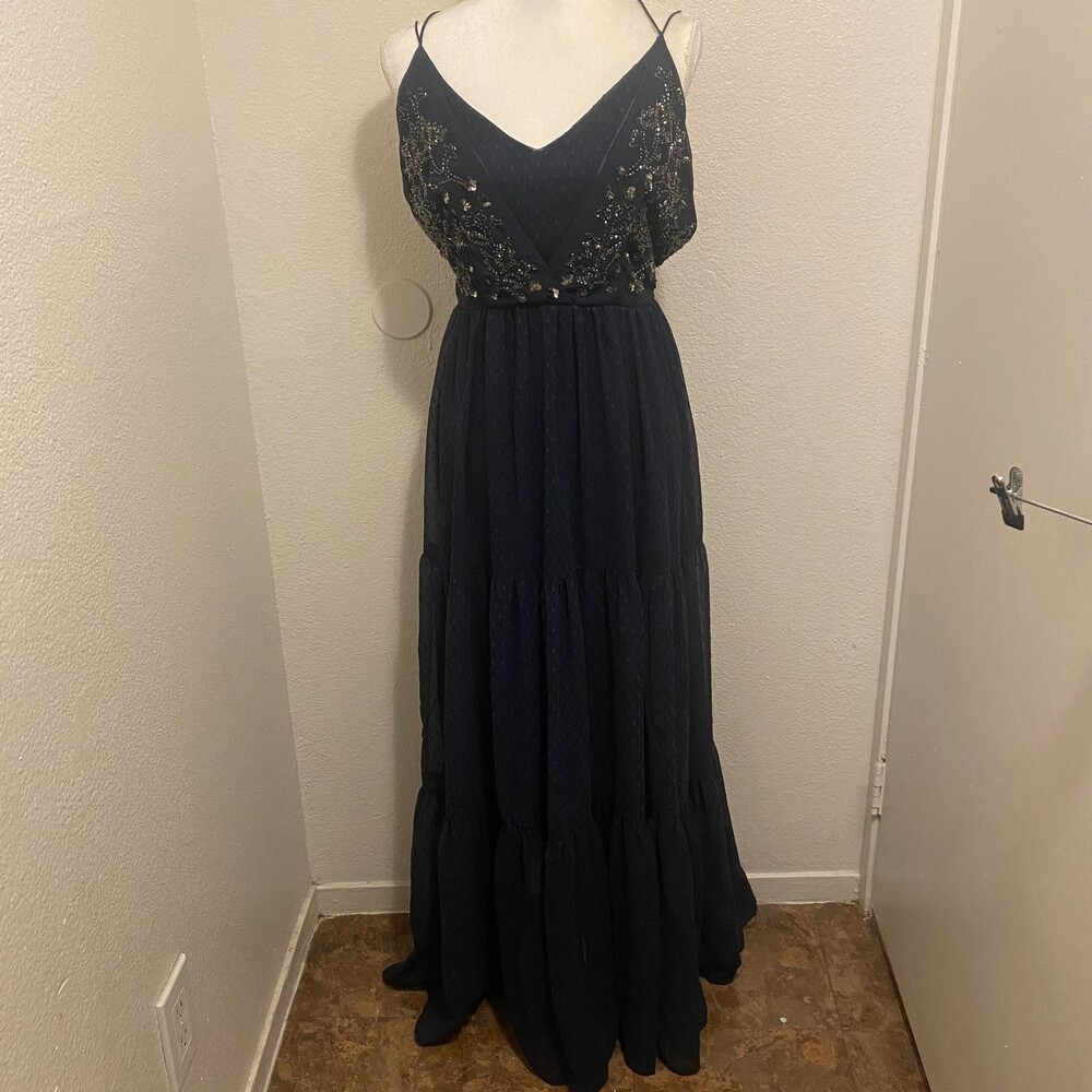 RANNA GILL Lucinda Navy Blue Beaded Bodice Lined Spaghetti Strap Maxi Dress Sz 4 - Picture 2 of 9